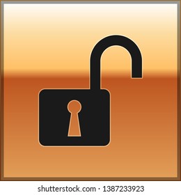 Black Open padlock icon isolated on gold background. Opened lock sign. Cyber security concept. Digital data protection. Safety safety. Vector Illustration