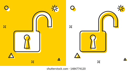 Icono abierto negro del candado aislado en el fondo amarillo y blanco. Letrero de cerradura abierto. Concepto de seguridad cibernética. Protección digital de datos. Seguridad. Formas dinámicas aleatorias. Ilustración vectorial
