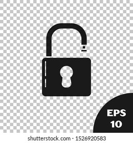 Black Open padlock icon isolated on transparent background. Opened lock sign. Cyber security concept. Digital data protection. Safety safety.  Vector Illustration