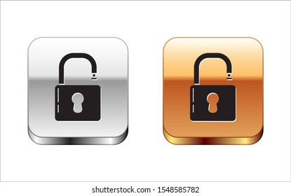 Black Open padlock icon isolated on white background. Opened lock sign. Cyber security concept. Digital data protection. Safety safety. Silver-gold square button. Vector Illustration