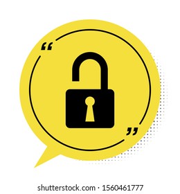 Black Open padlock icon isolated on white background. Opened lock sign. Cyber security concept. Digital data protection. Safety safety. Yellow speech bubble symbol. Vector Illustration