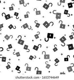 Black Open padlock icon isolated seamless pattern on white background. Opened lock sign. Cyber security concept. Digital data protection. Safety safety.  Vector Illustration