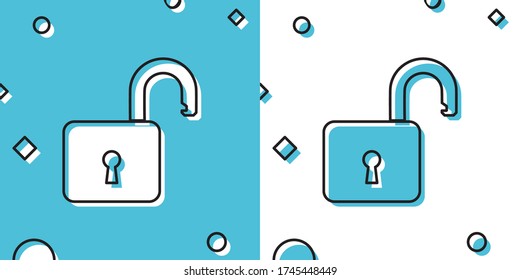 Black Open padlock icon isolated on blue and white background. Opened lock sign. Cyber security concept. Digital data protection. Safety safety. Random dynamic shapes. Vector Illustration