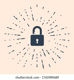Icono de candado abierto negro aislado en fondo beige. Signo de bloqueo abierto. Concepto de ciberseguridad. Protección digital de datos. Seguridad. Resumen de puntos aleatorios de círculo. Ilustración vectorial