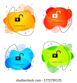 Black Open padlock icon isolated on white background. Opened lock sign. Cyber security concept. Digital data protection. Abstract banner with liquid shapes. Vector