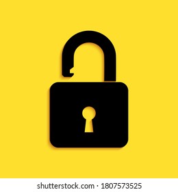 Black Open padlock icon isolated on yellow background. Opened lock sign. Cyber security concept. Digital data protection. Safety safety. Long shadow style. Vector.