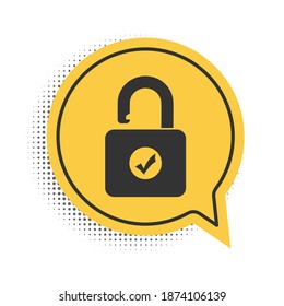 Black Open padlock icon isolated on white background. Opened lock sign. Cyber security concept. Digital data protection. Safety safety. Yellow speech bubble symbol. Vector.