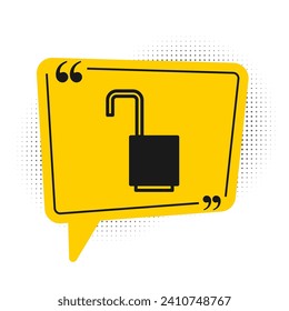 Black Open padlock icon isolated on white background. Opened lock sign. Cyber security concept. Digital data protection. Yellow speech bubble symbol. Vector Illustration
