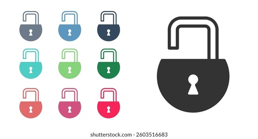 Black Open padlock icon isolated on white background. Opened lock sign. Cyber security concept. Digital data protection. Set icons colorful. Vector