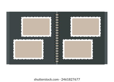 Black open photo album with 4 empty photo frames with patterned border. Horizontal Ornamental decorative cards for holiday design. Book on golden spirals. Blank template.Vector realistic Mockup.EPS10.