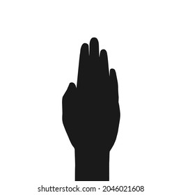 Black open raised hand isolated on white. Human palm. Vow gesture. Person, hand. Creative, art.  Black vector illustration isolated on white. 