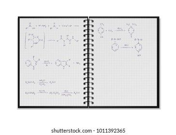 Black open realistic school notepad with chemical reaction equations and formulas on square grid sheets isolated on white
