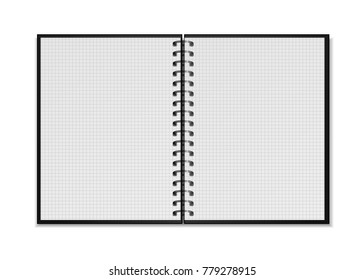 Black open realistic spiral notepad mockup with square grid sheets isolated on white