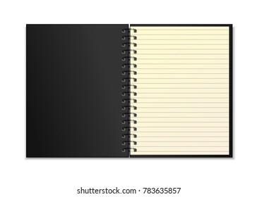 Black open realistic spiral notepad mockup with yellow line sheet isolated on white