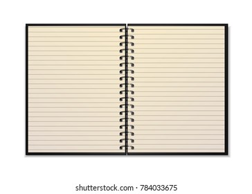 Black open realistic spiral notepad mockup with yellow line sheets isolated on white