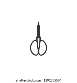 Black open retro scissors icon isolated on white. Cut sign. Utensil or hairdresser symbol. vector vintage illustration.