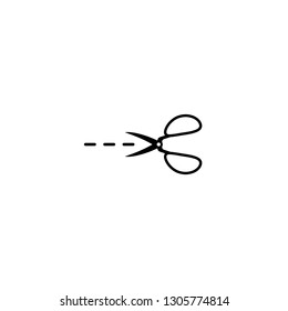 Black open retro scissors with stitch line icon isolated on white. Cut sign. Utensil or hairdresser symbol. vector illustration.