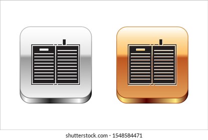 Black Open science book icon isolated on white background. Silver-gold square button. Vector Illustration