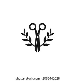 Black open scissors with leaves laurel. Flat icon isolated on white. Creative hand made. Super, best hair cut sign. Utensil or hairdresser symbol. vector illustration. Beauty salon symbol. 