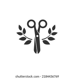 Tijeras abiertas negras con laurel de hojas. Icono plano aislado en blanco. Creativo hecho a mano. Super, mejor señal de corte de pelo. Símbolo de utensilio o peluquero. ilustración vectorial. Símbolo de salón de belleza. 