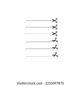 Black open scissors with stitch line icon isolated on white. Cut out sign vector image.