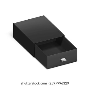 Black open slider drawer box with rope pull mockup. Vector illustration isolated on white background. Can be use for gift box, luxury, cosmetics, and other goods. EPS10.	
