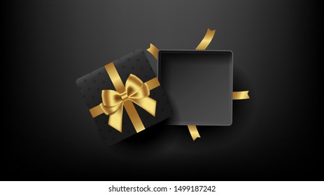 Black open square gift box decorated with bow-ribbon gold on black background. Xmas present. Top view. Vector illustration.