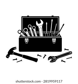 Black open toolbox filled with various hand tools including wrenches, screwdrivers, and a hammer with scattered nails on white background.