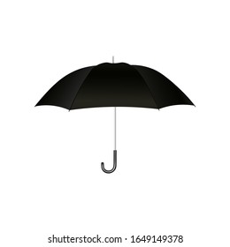 Black open umbrella with handle for protection from the rain and in bad weather, realistic isolated vector illustration.