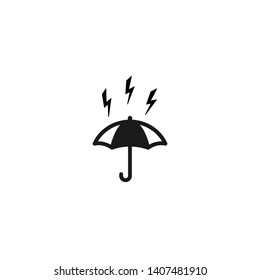 black open Umbrella with lightnings or thunderbolts. Flat icon isolated on white. Flat design. Vector illustration. Rain protection symbol. Rainy weather sign. Happy mood, luck, safety