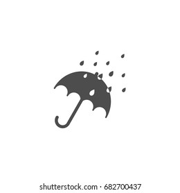 Black open Umbrella with rain drops. Flat icon isolated on white. Flat design. Vector illustration. Rain protection symbol. Rainy weather sign. Black and white