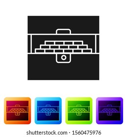 Black Opened antique treasure chest icon isolated on white background. Vintage wooden chest with golden coin. Set icons in color square buttons. Vector Illustration