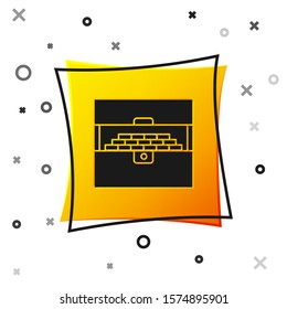 Black Opened antique treasure chest icon isolated on white background. Vintage wooden chest with golden coin. Yellow square button. Vector Illustration