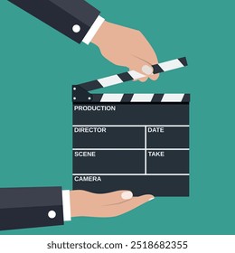 Preto abriu clapperboard em mãos. prancheta de filme. ilustração vetorial em estilo plano no fundo verde