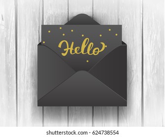 Black opened envelope with Hello Lettering on wooden background. Vector Illustration EPS10