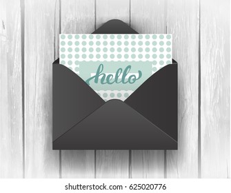 Black opened envelope with Hello Lettering on wooden background. Vector Illustration EPS10