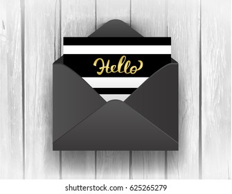 Black opened envelope with Hello Lettering on wooden background. Vector Illustration EPS10