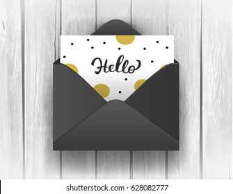 Black opened envelope with Hello Lettering on wooden background. Vector Illustration EPS10