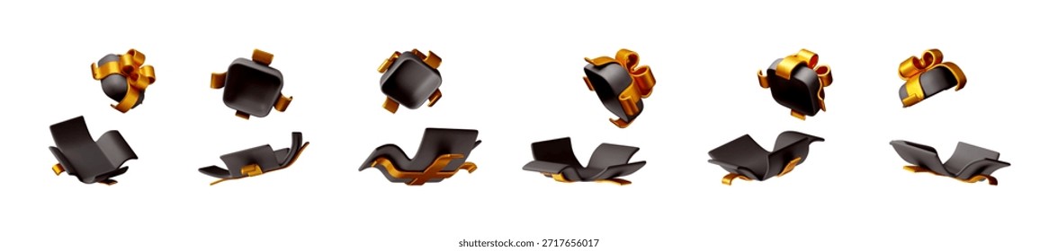Caja de regalo abierta negra con cinta de oro para la celebración de vacaciones. Ilustración vectorial de stock 3d para regalo de cumpleaños, Navidades y año Nuevo. Ilustración vectorial