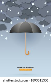 Black opened umbrella and abstract clouds with rain drops - copy space for your text. Vector illustration.