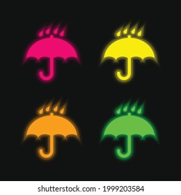 Black Opened Umbrella Symbol With Rain Drops Falling On It four color glowing neon vector icon