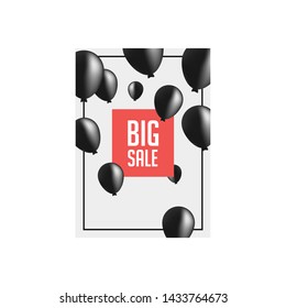 Black opening air balloons in frame. Sale banner template design. Big sale special offer. Black balloons special offer banner for poster, flyer, brochure, sticker. Vector illustration.