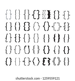 Black opening and closing pairs curly brackets or braces with different fonts and styles icons set on white background