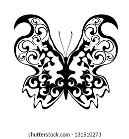 Black openwork butterfly on a white background, vector