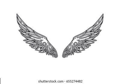 Black openwork wings on white background. Technical modern style. It can be used for printing on t-shirts and idea for tattoo or using for logo.