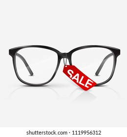 Black optical glasses on white background. Dioptrical Glasses. Red sale banner. Vector Illustration.