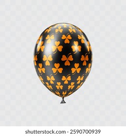 Black orange 3D realistic balloon with clover leaf pattern. Shamrock ornament balloons. Patricks day luxury festive decor. Celebration vector design element. EPS 10.