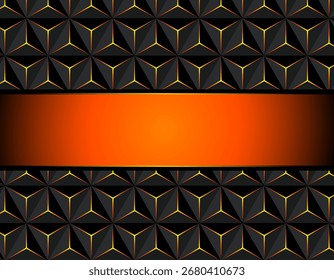 Black and orange abstract background wih banner inside and triangle mosaic pattern, 3D dark texture vector illustration.