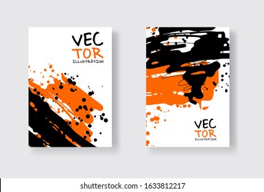 Black and orange abstract design set. Ink paint on brochure, Monochrome element isolated on white. Grunge banner paints. Simple composition. Liquid ink. Background for banner, card, poster, web design