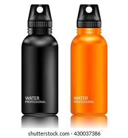 Black And Orange Aluminum Reusable Water Bottle Isolated On A White Background.